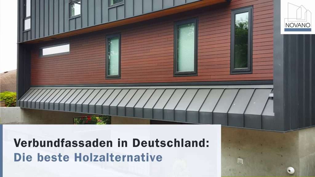 Deutsche Hausfassade mit Texteinblendung: ‚Verbundfassadenverkleidung in Deutschland - die beste Holzalternative