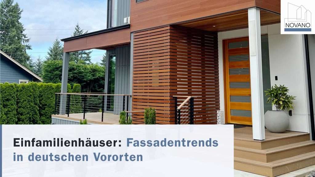Gemütliche deutsche Hausfassade mit Texteinblendung: ‚Einfamilienhäuser: Trends im Außendesign deutscher Vororte‘“