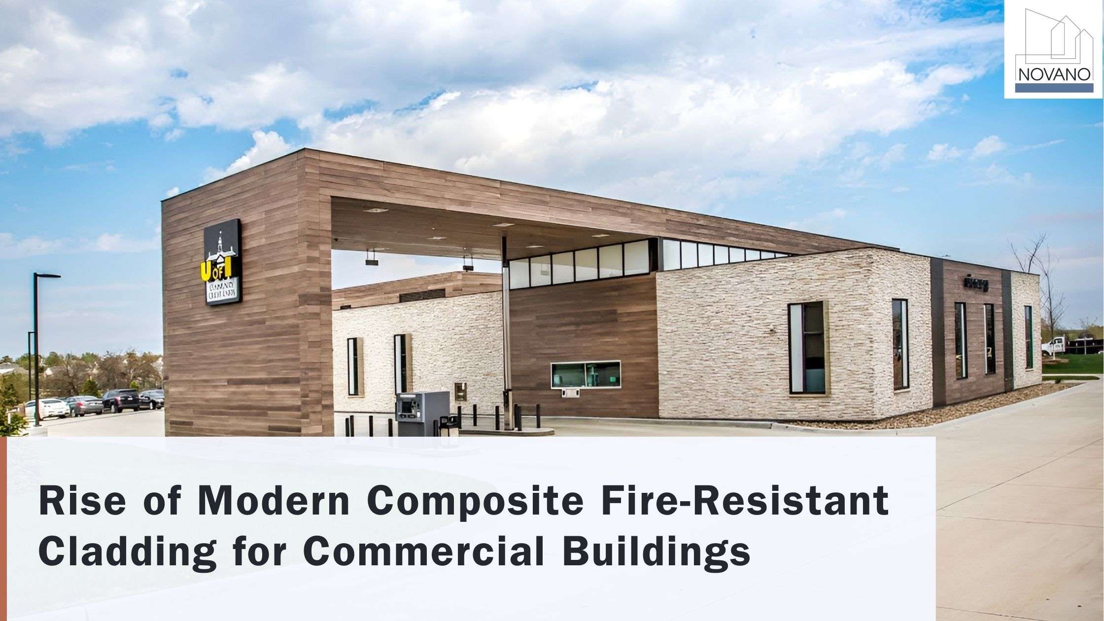 Brown European establishment facade with overlay text: “Rise of Modern Composite Fire-Resistant Cladding for Commercial Buildings