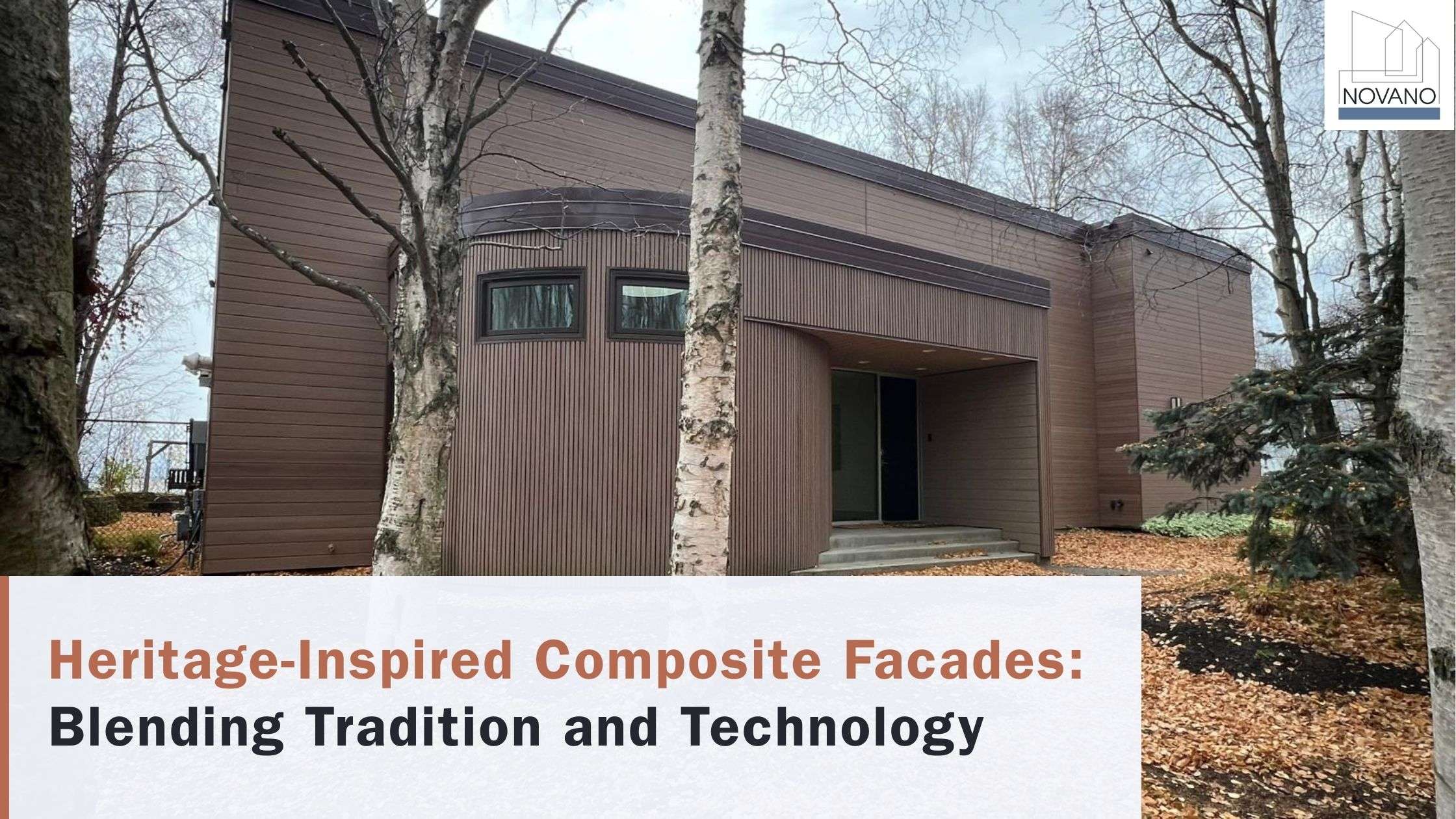 Brown European house with composite facade and overlay text: “Heritage-Inspired Composite Facades: Blending Tradition and Technology