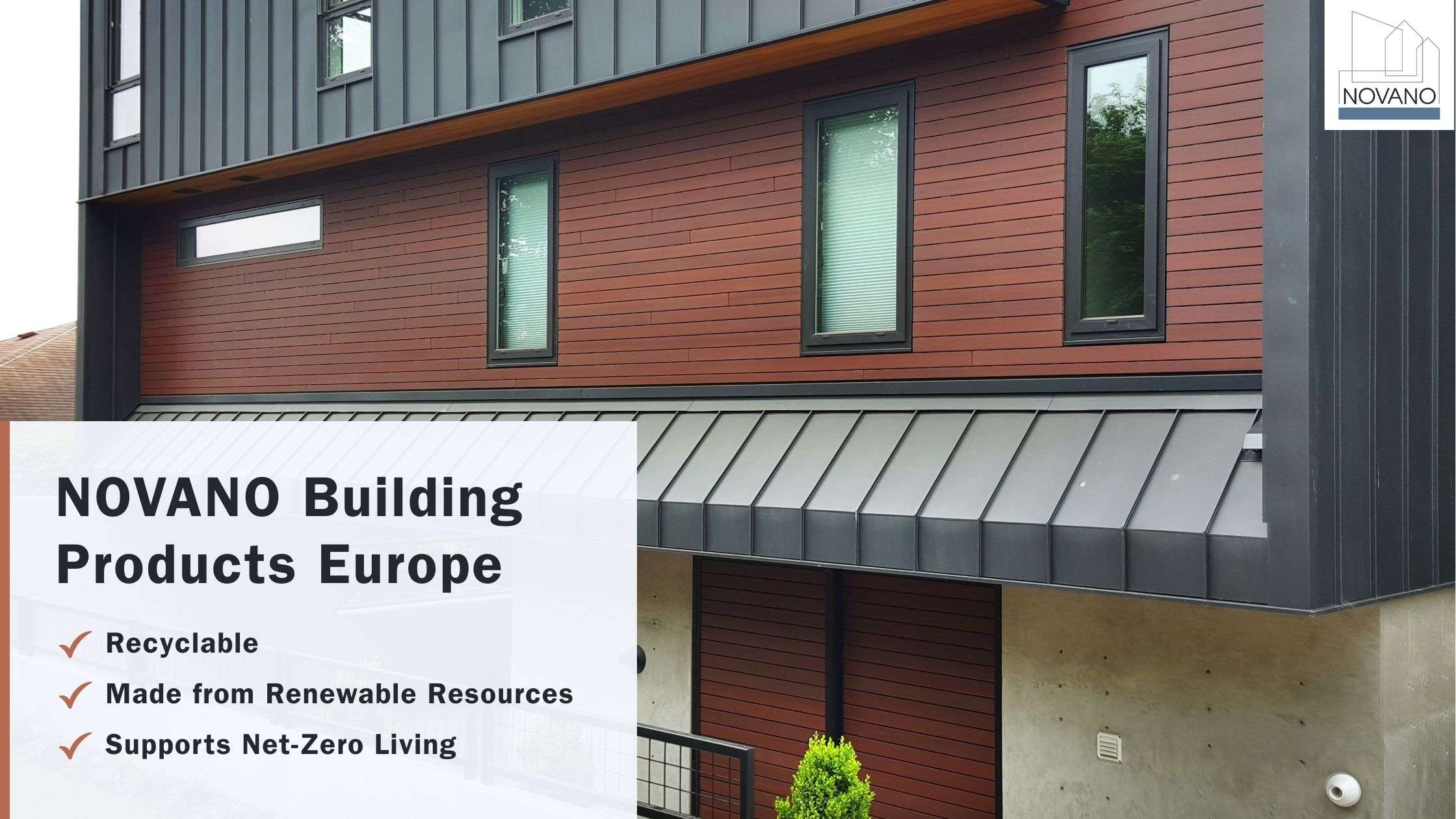 European multi-story building with red composite siding with text overlay: “Novano: Recyclable, Renewable Resources, Net-Zero Living
