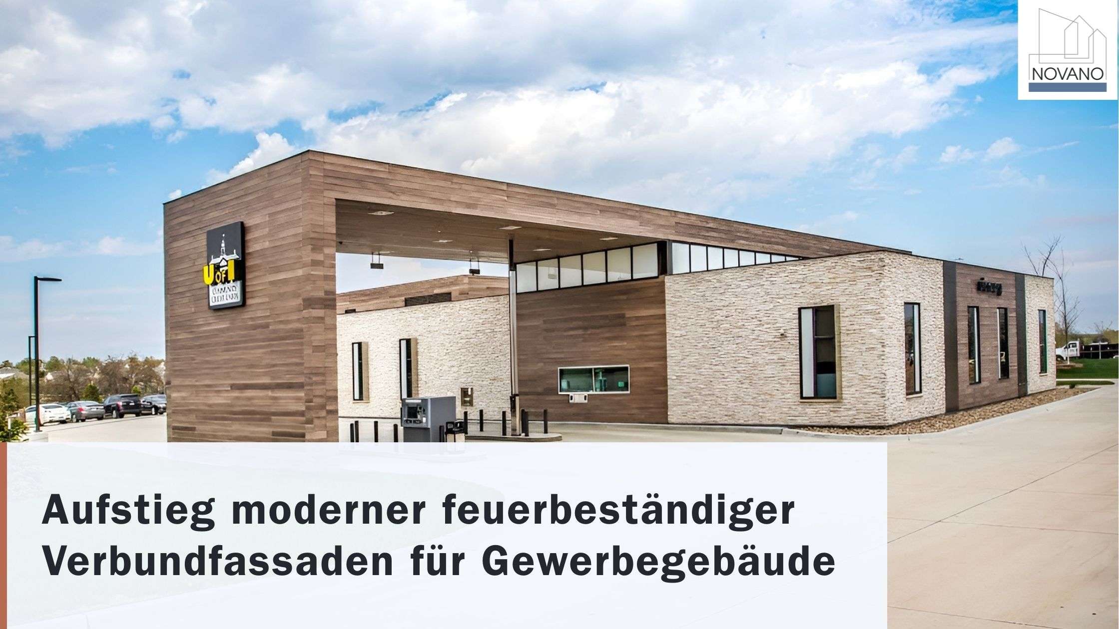 Braune europäische Gebäude­fassade mit Overlay-Text: „Aufstieg moderner feuerbeständiger Verbundfassaden für Geschäftsgebäude