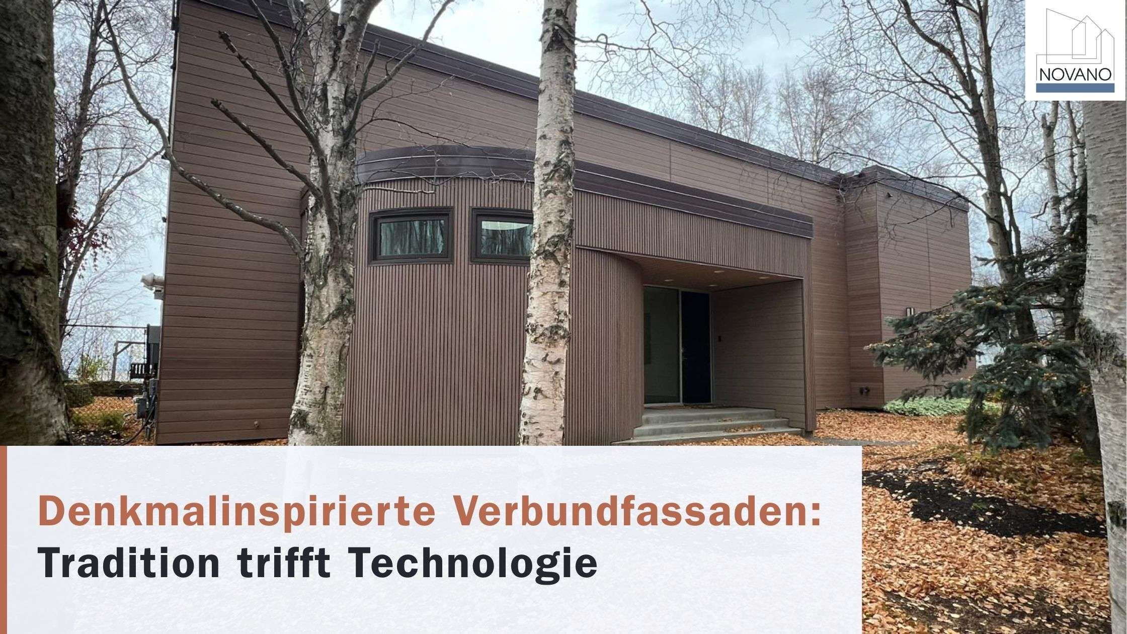 Braunes europäisches Haus mit Verbundfassade und Overlay-Text: „Traditionsinspirierte Verbundfassaden: Tradition und Technologie verein